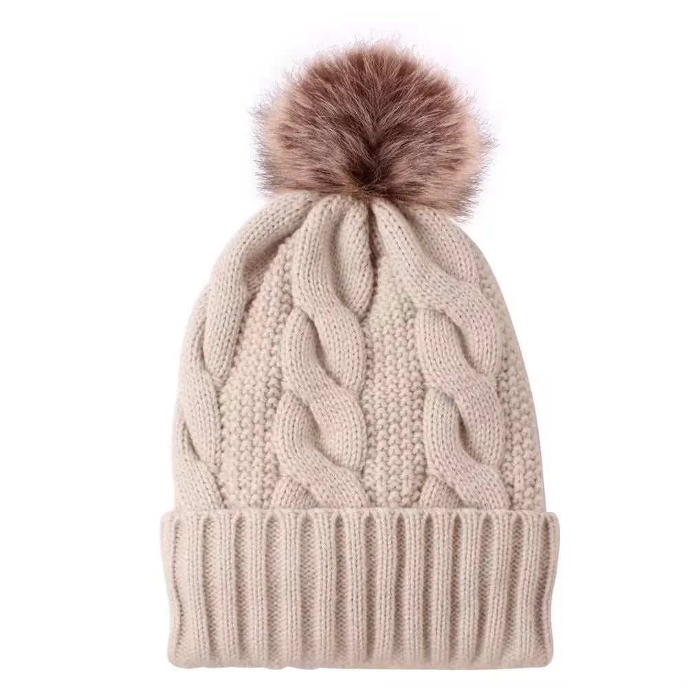 Fur Lined Beanie with Tan Pom Pom