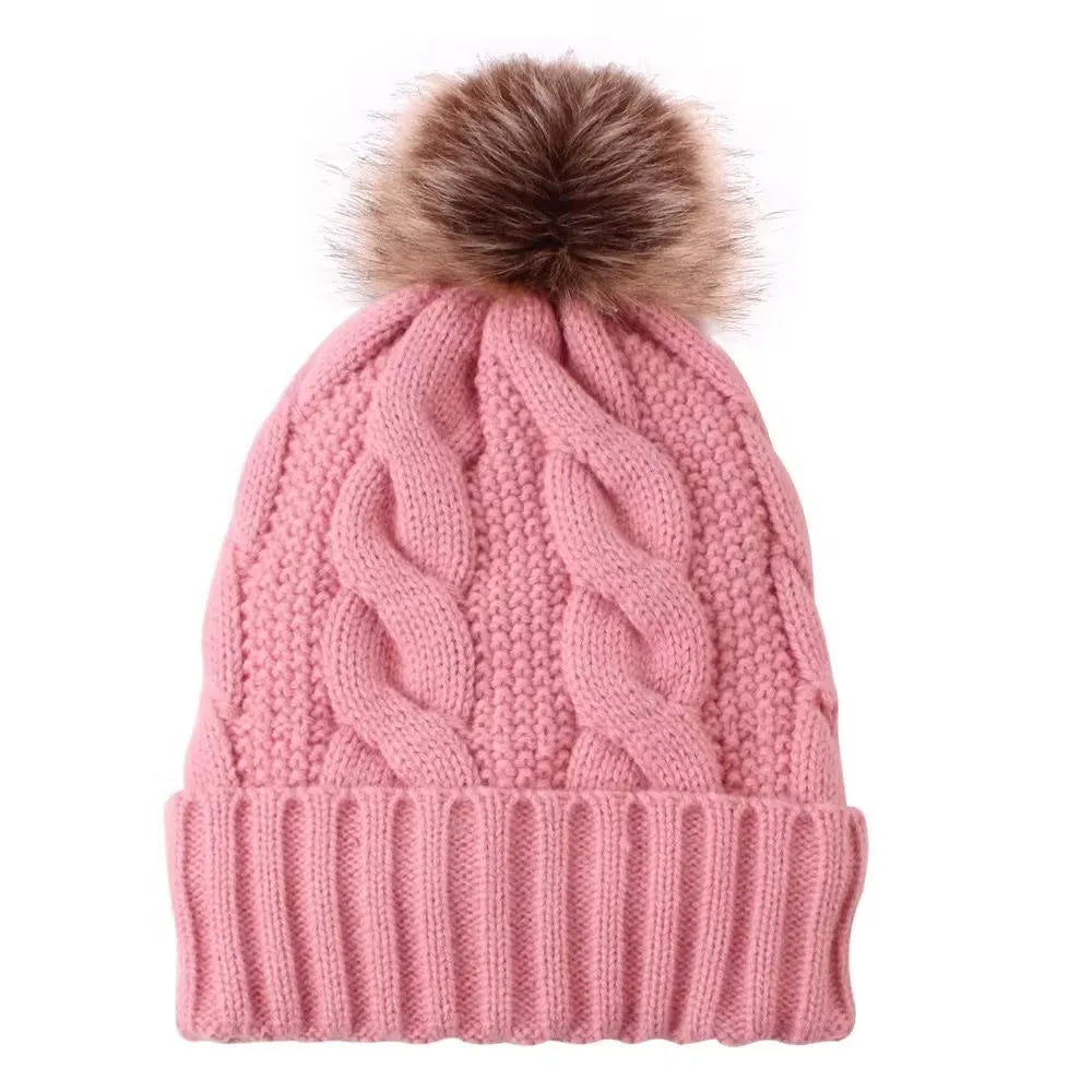 Fur Lined Beanie with Tan Pom Pom