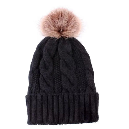 Fur Lined Beanie with Tan Pom Pom