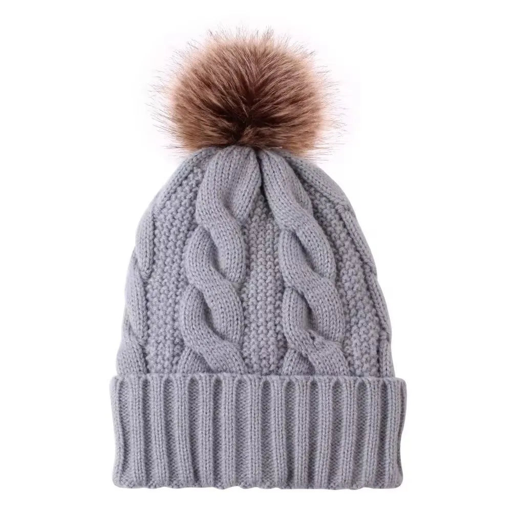 Fur Lined Beanie with Tan Pom Pom