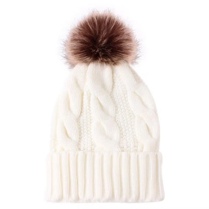 Fur Lined Beanie with Tan Pom Pom