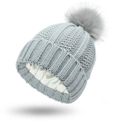 Neutral Coloured Satin-Lined Pompom Beanie