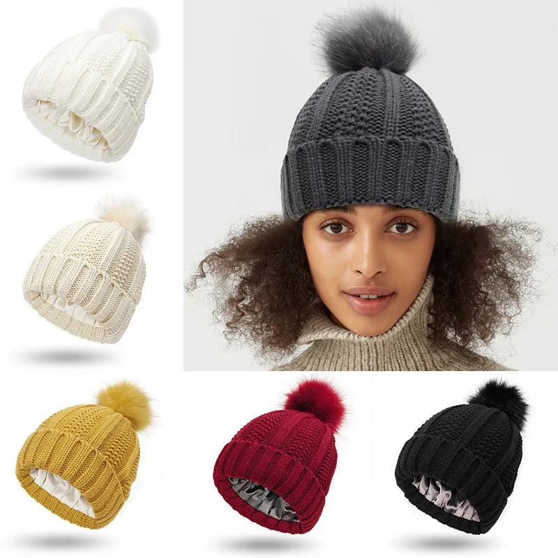 Neutral Coloured Satin-Lined Pompom Beanie