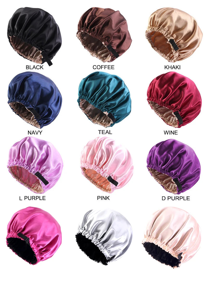 New Women Large Satin Bonnet Silky Night Sleeping Cap Adjusting Button Night Hat Beauty Salon Hair Care Hat Bathroom Products