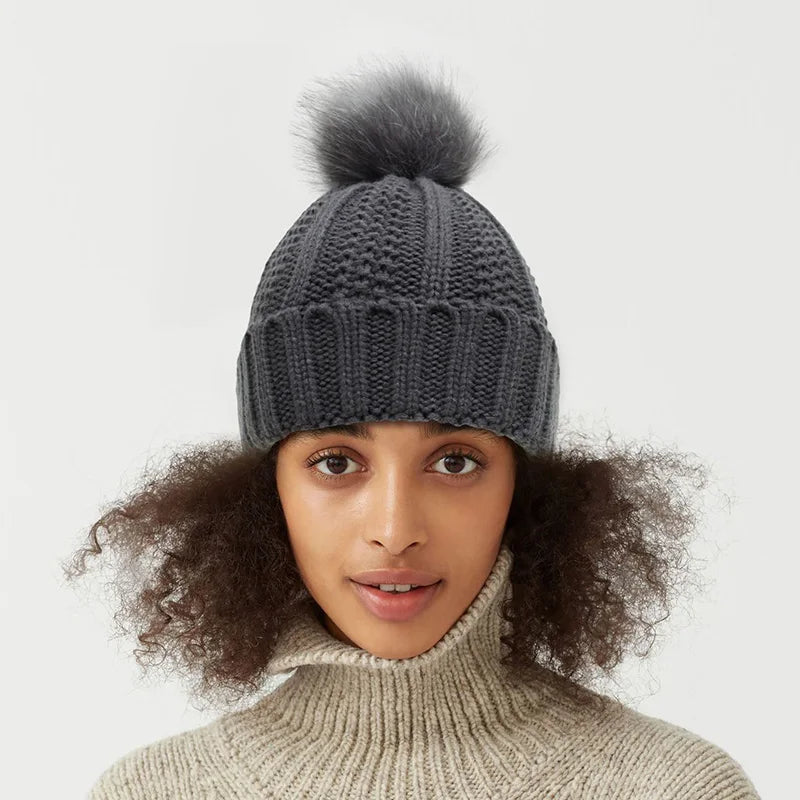 Neutral Coloured Satin-Lined Pompom Beanie