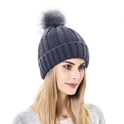 Neutral Coloured Satin-Lined Pompom Beanie