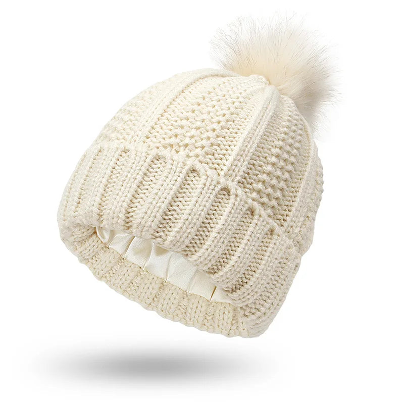 Neutral Coloured Satin-Lined Pompom Beanie