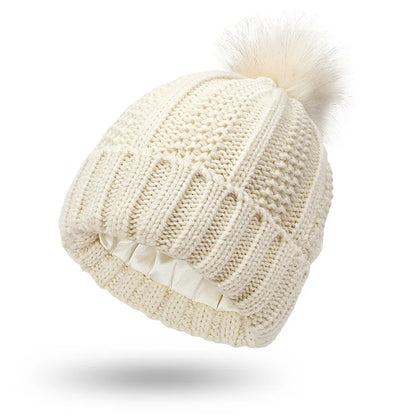 Neutral Coloured Satin-Lined Pompom Beanie