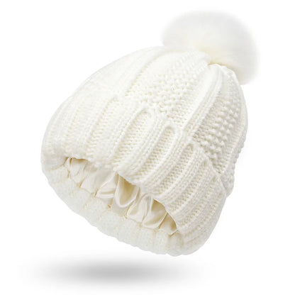 Neutral Coloured Satin-Lined Pompom Beanie