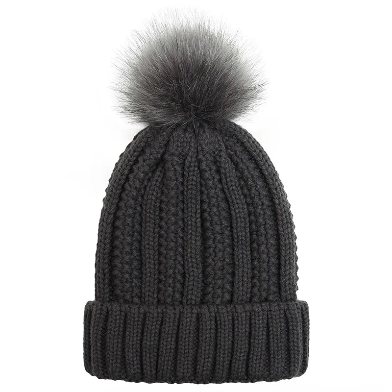 Neutral Coloured Satin-Lined Pompom Beanie