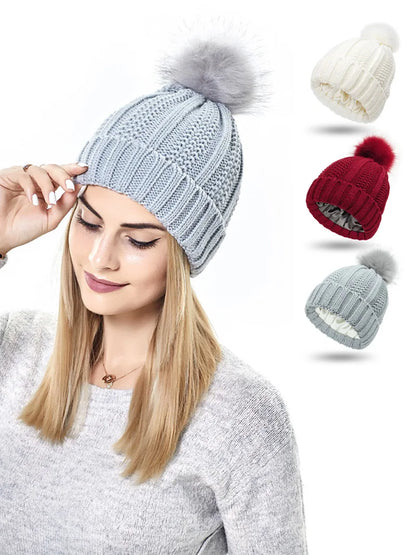 Neutral Coloured Satin-Lined Pompom Beanie