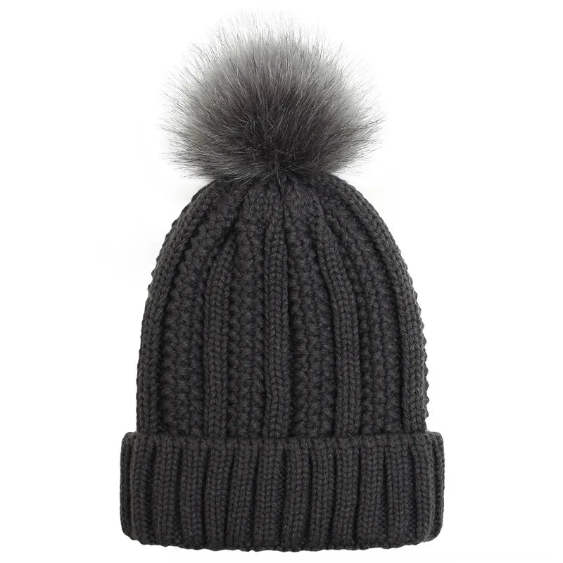 Multi-coloured Satin-Lined Pompom Beanie Hat