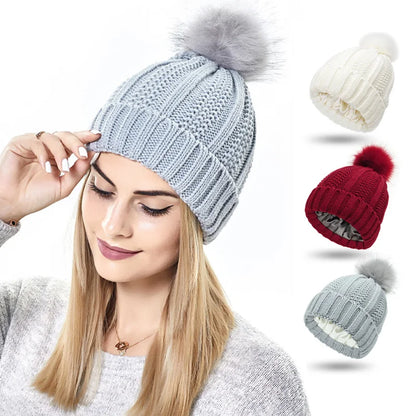 Neutral Coloured Satin-Lined Pompom Beanie